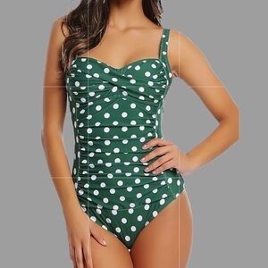 Joyaria Ladies Retro One Piece Tummy Control Polka Dot Ruched Swimsuit Size 6